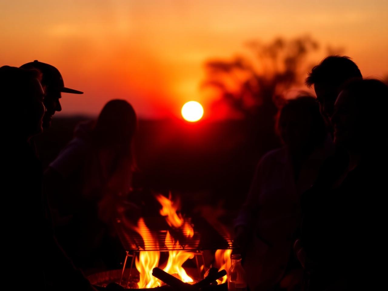 Family gathered around a braai at sunset